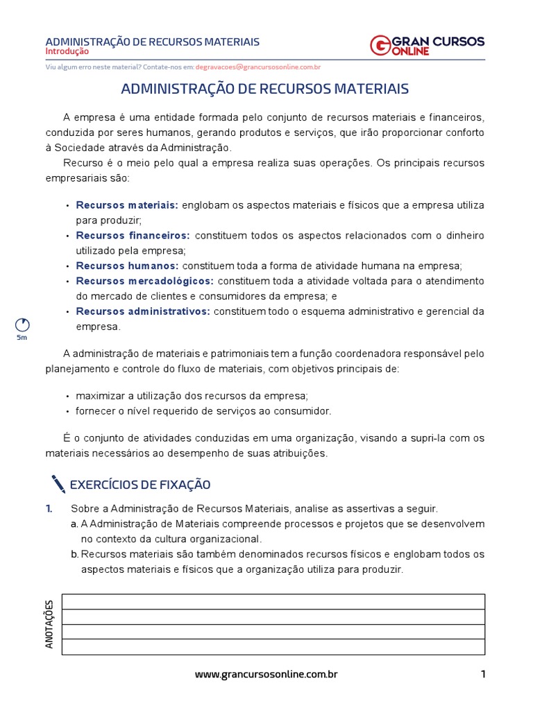 Administração de Recursos Materiais: Conceitos e Exercícios | PDF ...