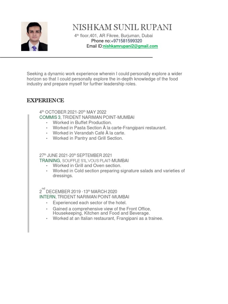 Culinary Career Overview of Sunil Rupani | PDF