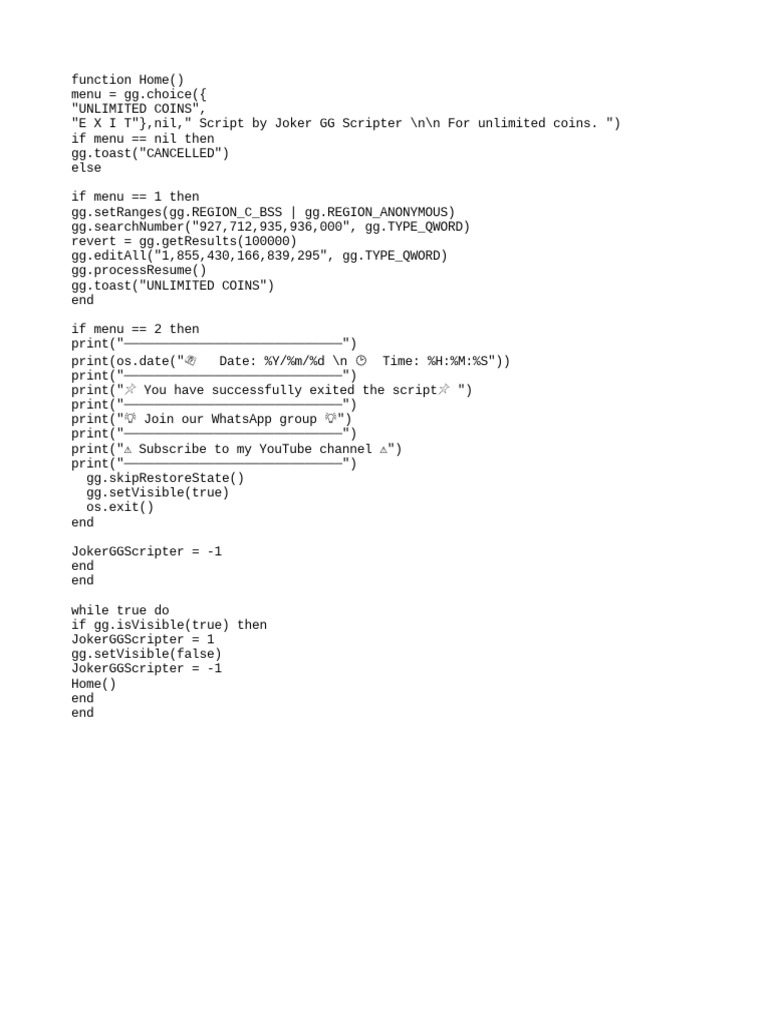 Unlimited Coins Script by Joker GG | PDF
