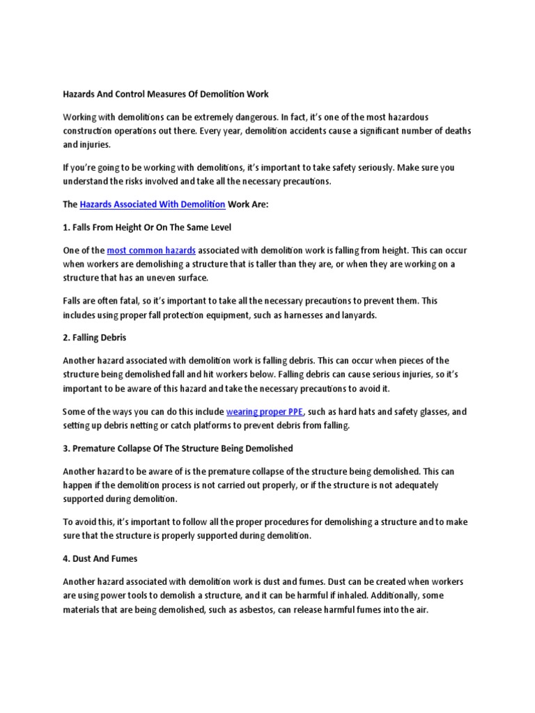 Demolition Work: Hazards and Controls | PDF | Demolition | Hazards