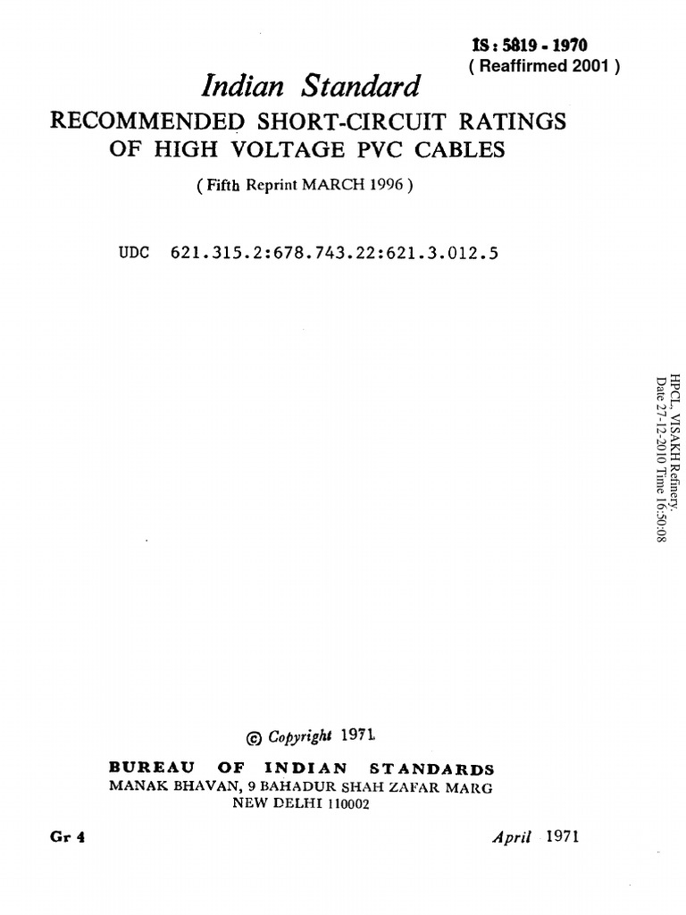 Indian Standard ShortCircuit Ratings of High Voltage PVC