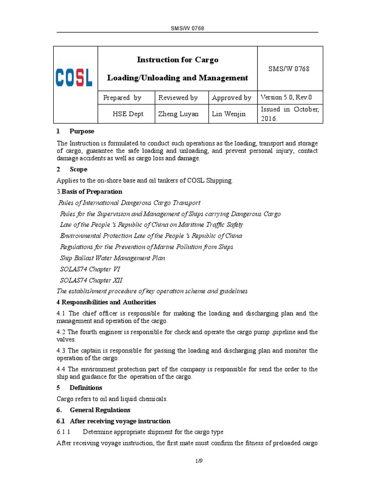 SMS W 0768 Instruction For Cargo Loading Unloading and Management | PDF ...