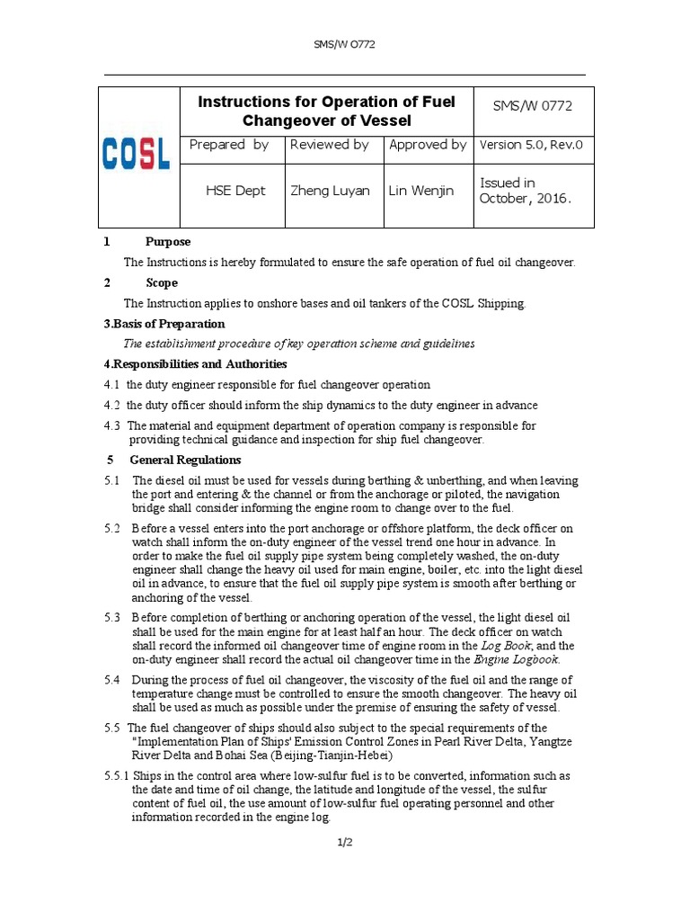 SMS W 0772 Instructions For Operation of Fuel Changeover of Vessel