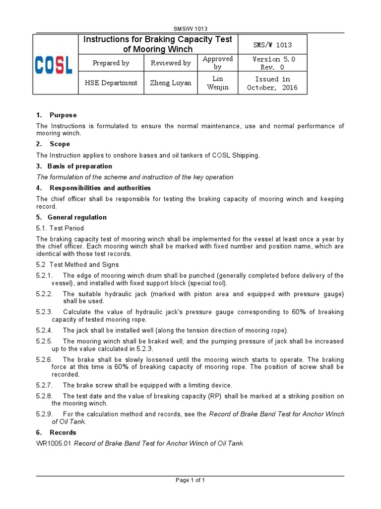 SMS W 1013 Instructions For Braking Capacity Test of Mooring Winch