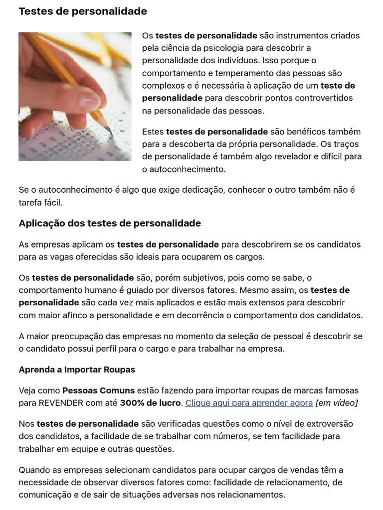 3 - Testes de Personalidade | PDF | Liderança | Ciência cognitiva