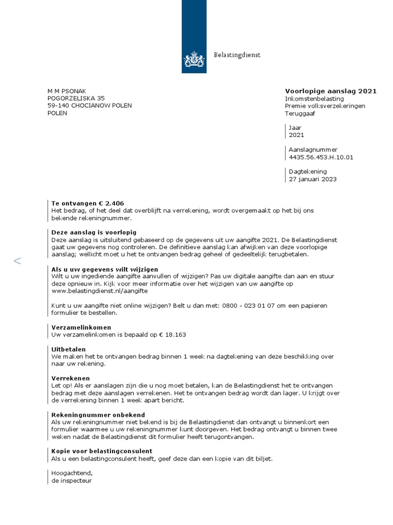 Voorlopige Aanslag Inkomstenbelasting 2021 16012023 00.00u PDF