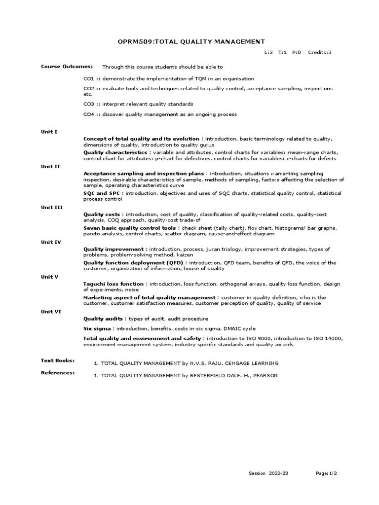 Total Quality Management Course Overview | PDF | Quality Management ...