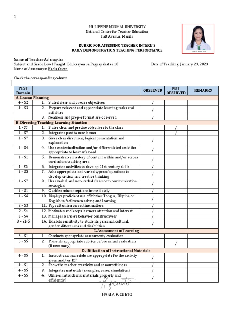 Garcia Demo Teaching Rubric Ms - Cueto | PDF | Learning | Teachers