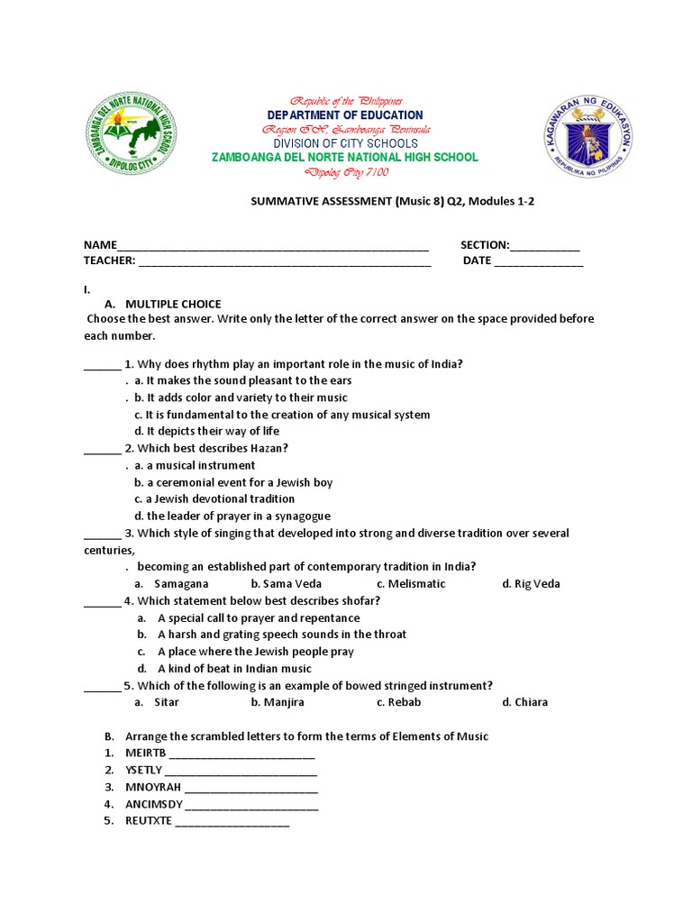 Music 8 Summative Assessment Q2 | PDF | Entertainment | Performing Arts