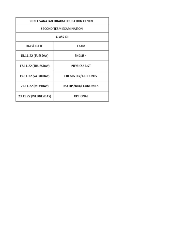 Class XII Second Term Exam Schedule | PDF