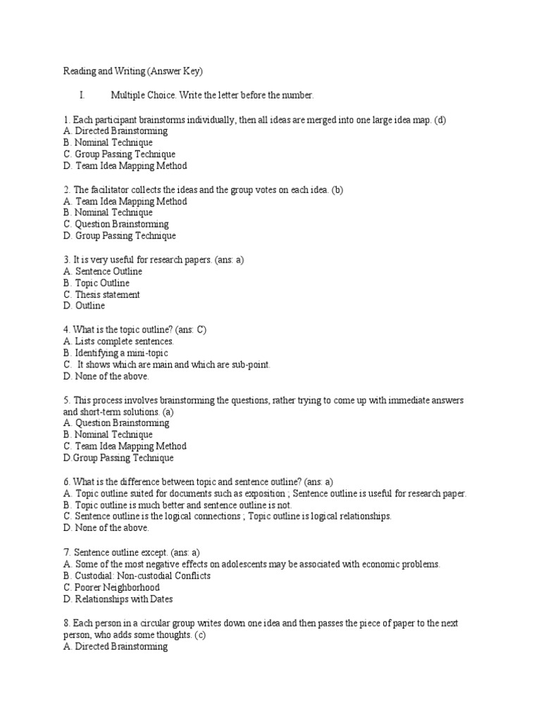 Reading and Writing Answer Key PDF Brainstorming Cognitive Science
