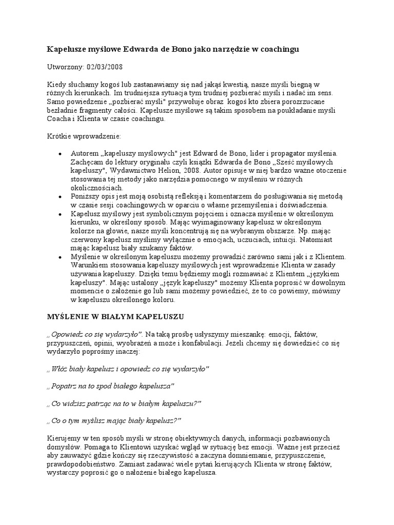 Kapelusze Myślowe Edwarda de Bono Jako Narzędzie W Coachingu | PDF