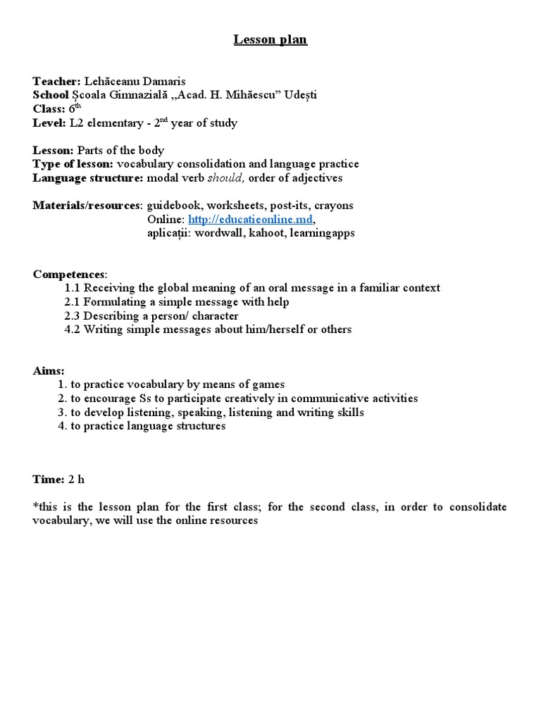 Plan de Lectie - Parts - of - The - Body | PDF | Lesson Plan | Teaching