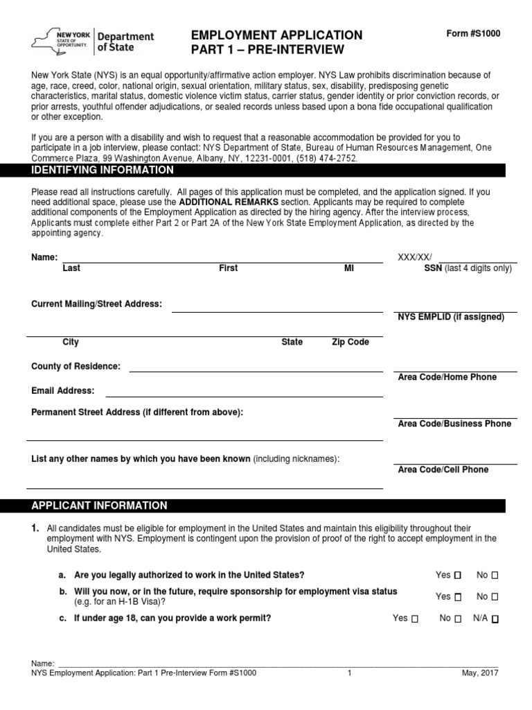 NYS Employment Application - Part 1 (Blank) | PDF | Licensure | Employment