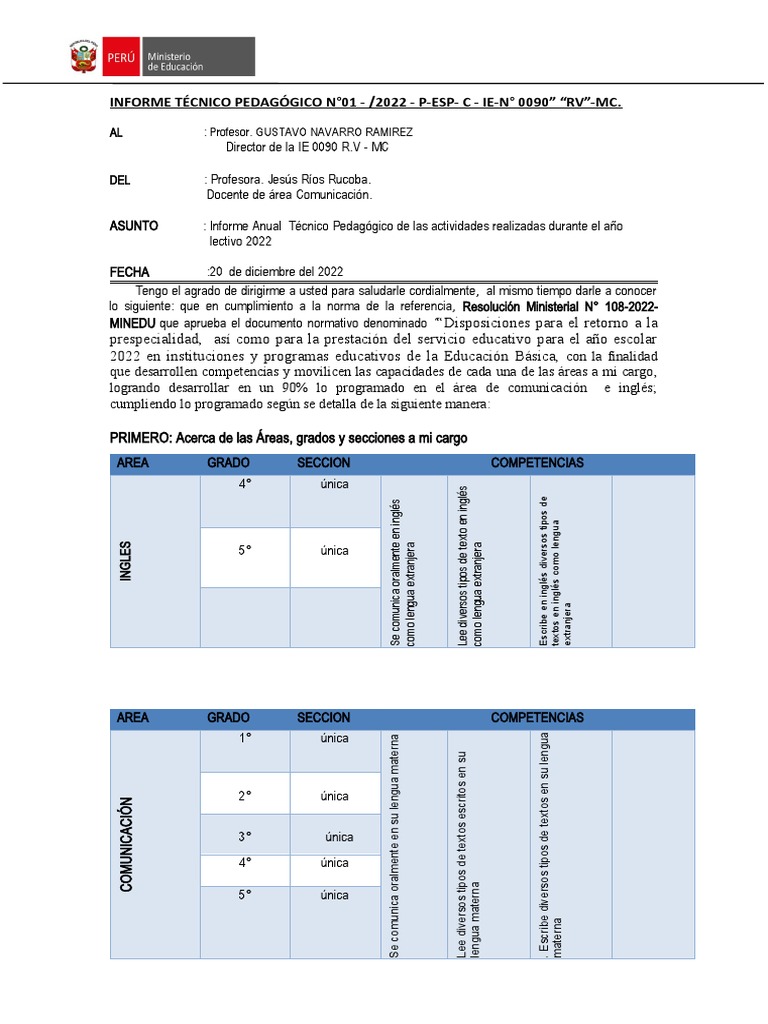 Informe Técnico Pedagógico 2022 | PDF | Aprendizaje | Comunicación