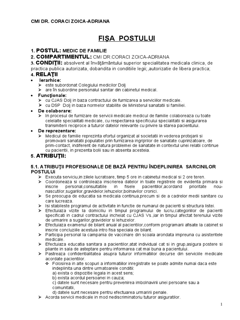 Fisa Post Medic | PDF