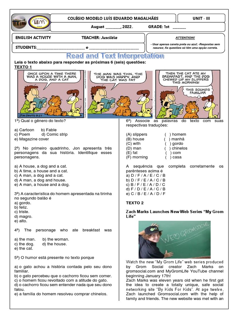 ATIVIDADE de INGLÊS 1º Ano | PDF