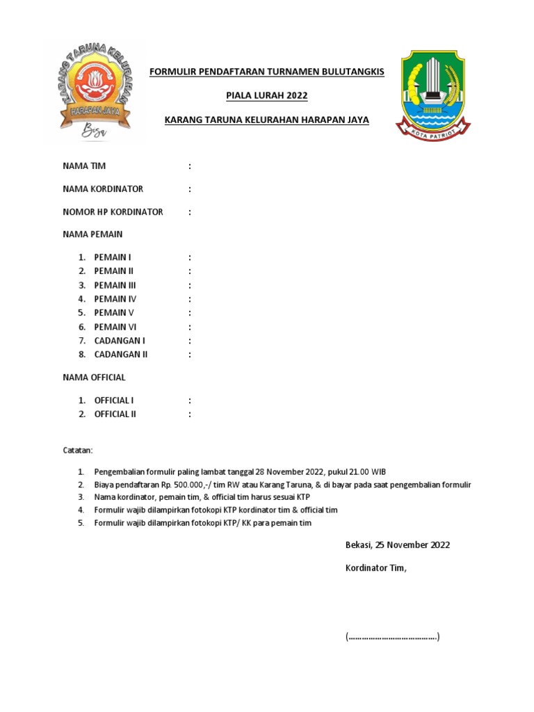 Formulir Pendaftaran Turnamen Bulutangkis PDF