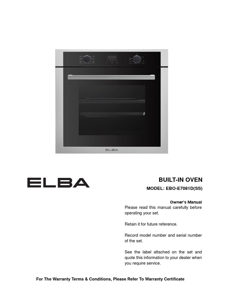 Elba BuildIn Oven Manual BOE7081DSS PDF Grilling Ac Power Plugs