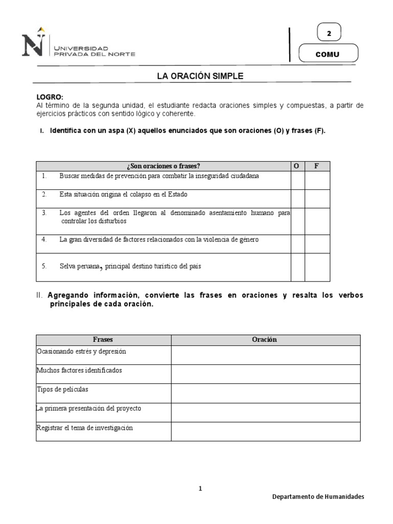 Oraciones Simples y Compuestas: Ejercicios | PDF | Oración (Lingüística ...