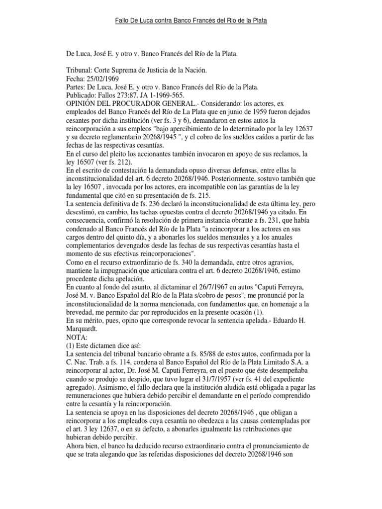 Fallo de Luca Contra Banco Frances Del Rio de La Plata | PDF ...