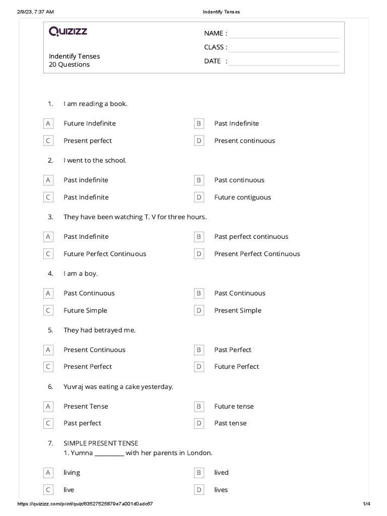 Indentify Tenses DR Quizz | PDF | Grammatical Tense | Language Mechanics