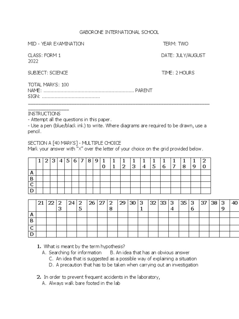 Form 1 Science Mid-Year Exam 2022 | PDF | Liquids | Water