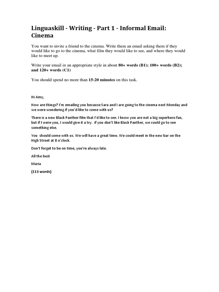 Linguaskill - Writing - Part 1 - Informal Email Cinema SAMPLE ANSWER | PDF