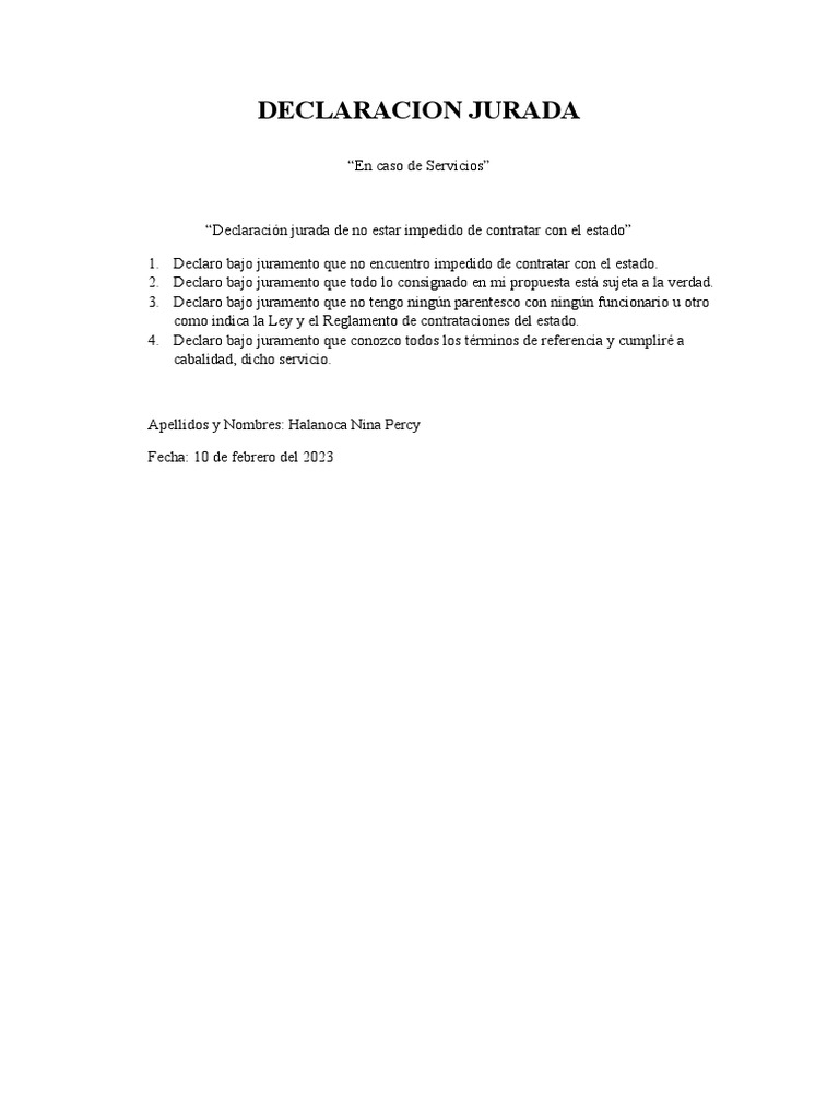 Modelo Declaracion Jurada De No Tener Adeudos Pdfdeclaracion Jurada ...