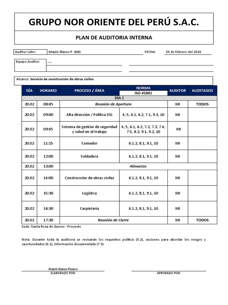 Plan de Auditoría Interna ISO 45001 | PDF