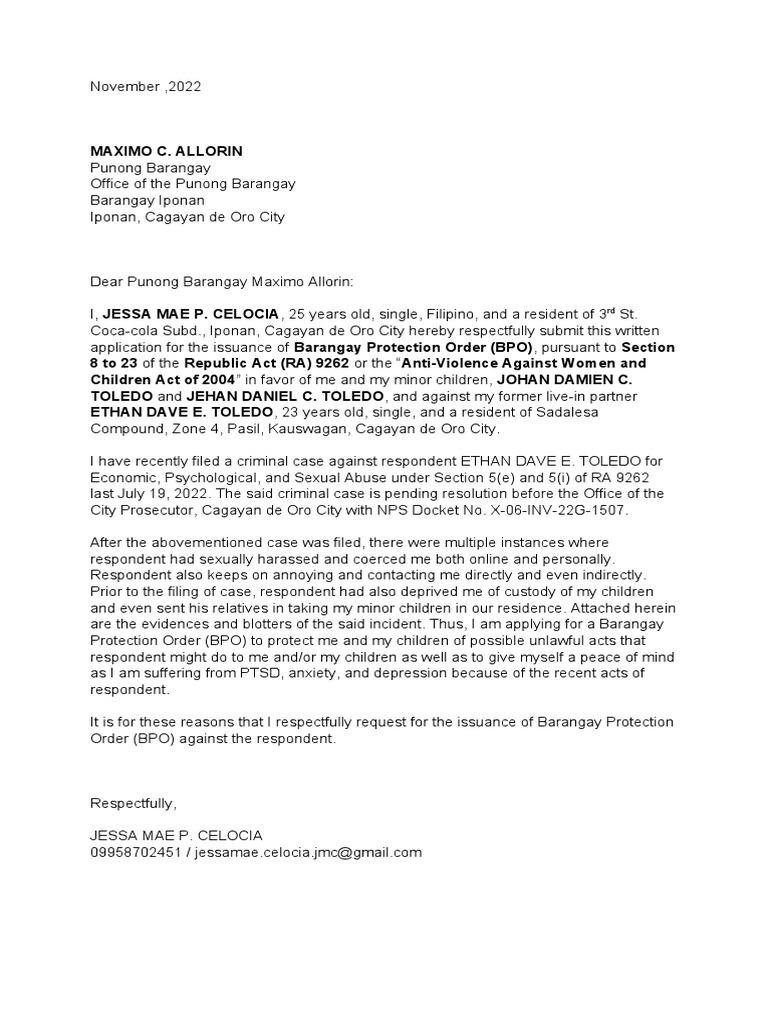 Application For Barangay Protection Order (BPO) | PDF