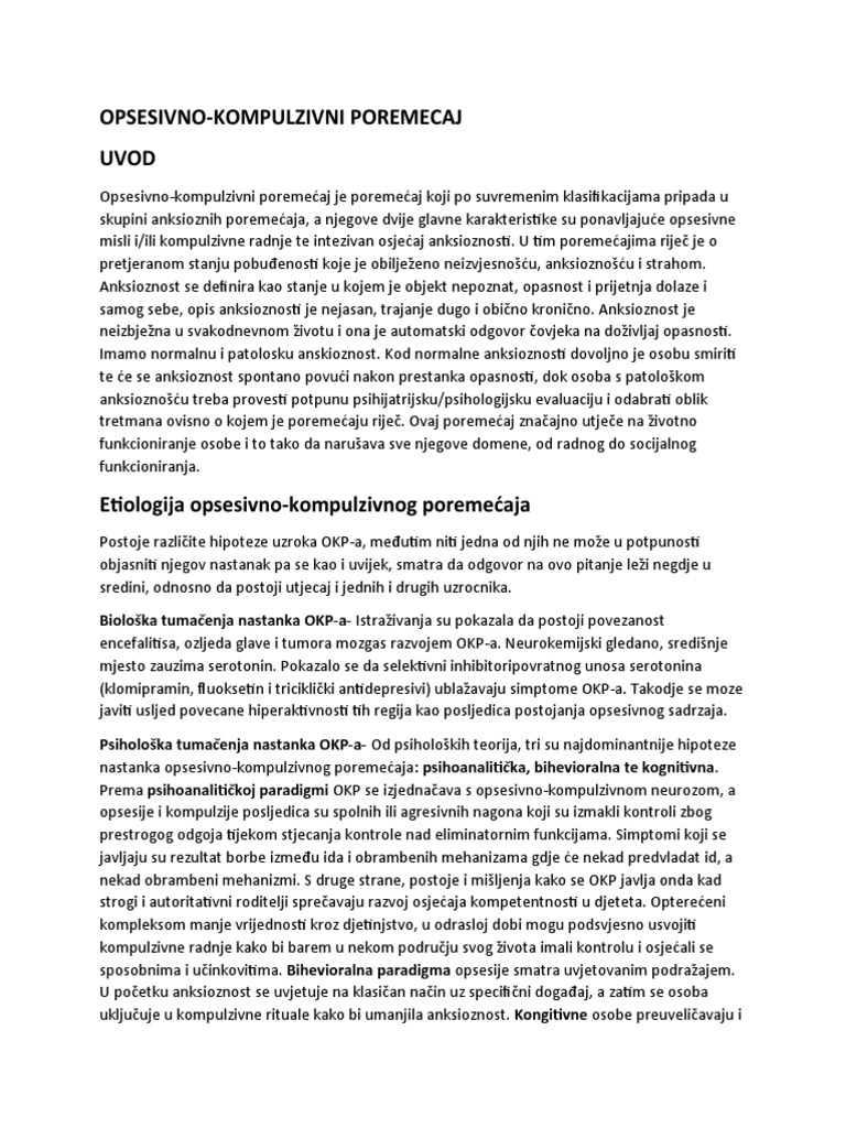 Opsesivno-Kompulzivni Poremecaj Uvod: Biološka Tumačenja Nastanka OKP-a ...