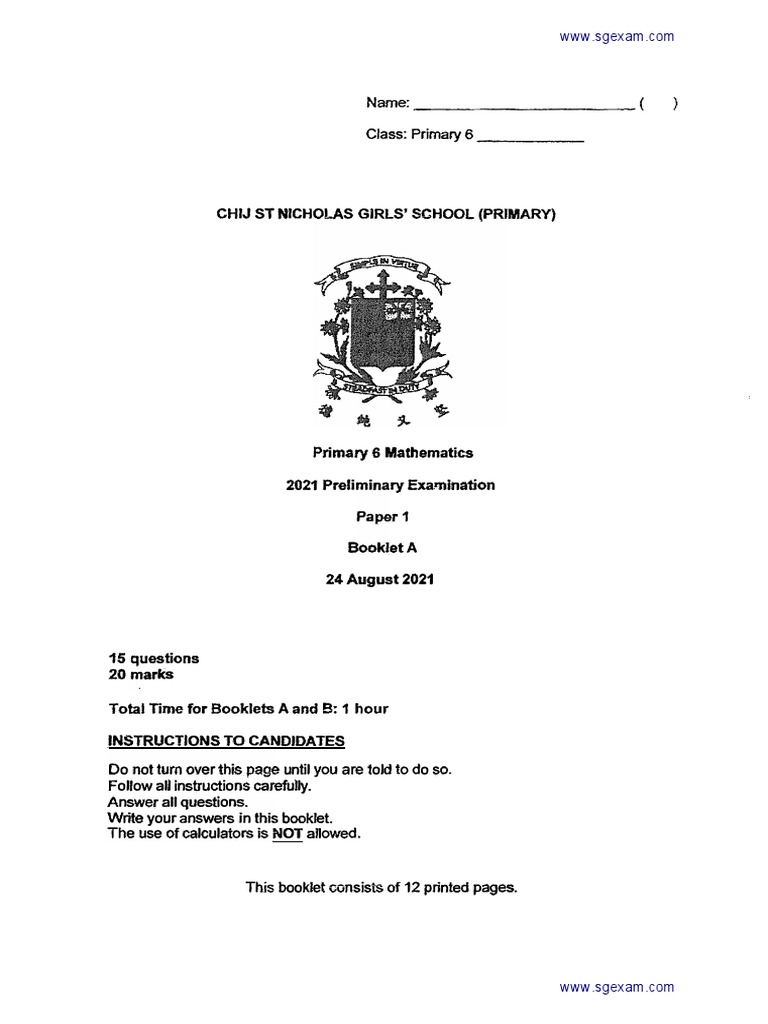 Primary 6 Math Prelim Exam 2021 | PDF