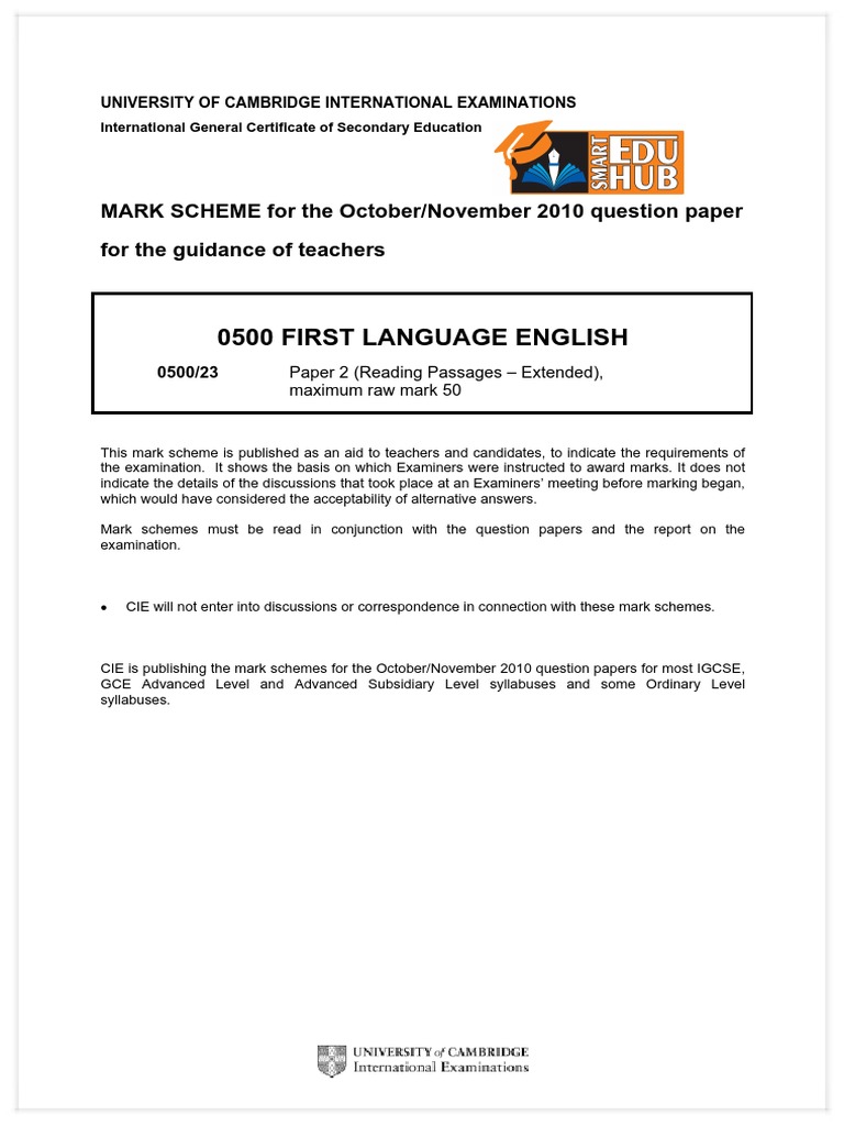 0500 First Language English: MARK SCHEME For The October/November 2010 ...