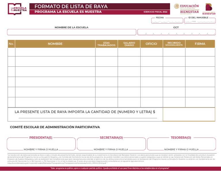 Formato de Lista de Raya 2022 | PDF | Privacidad de la información ...