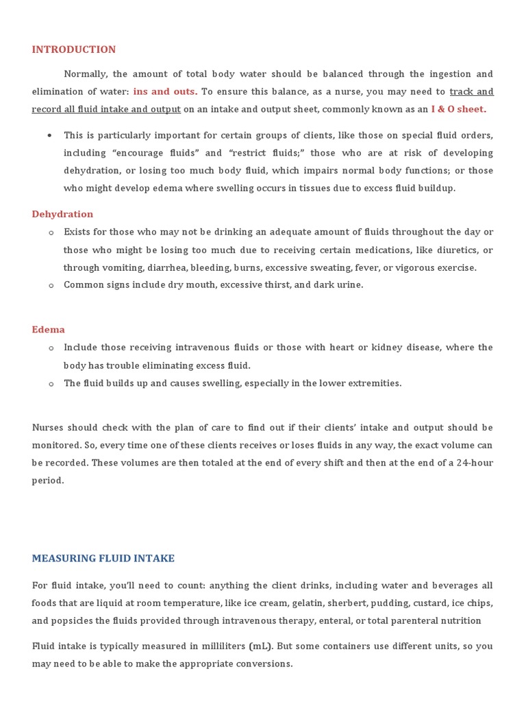 Urine Intake Output PDF Dehydration Litre