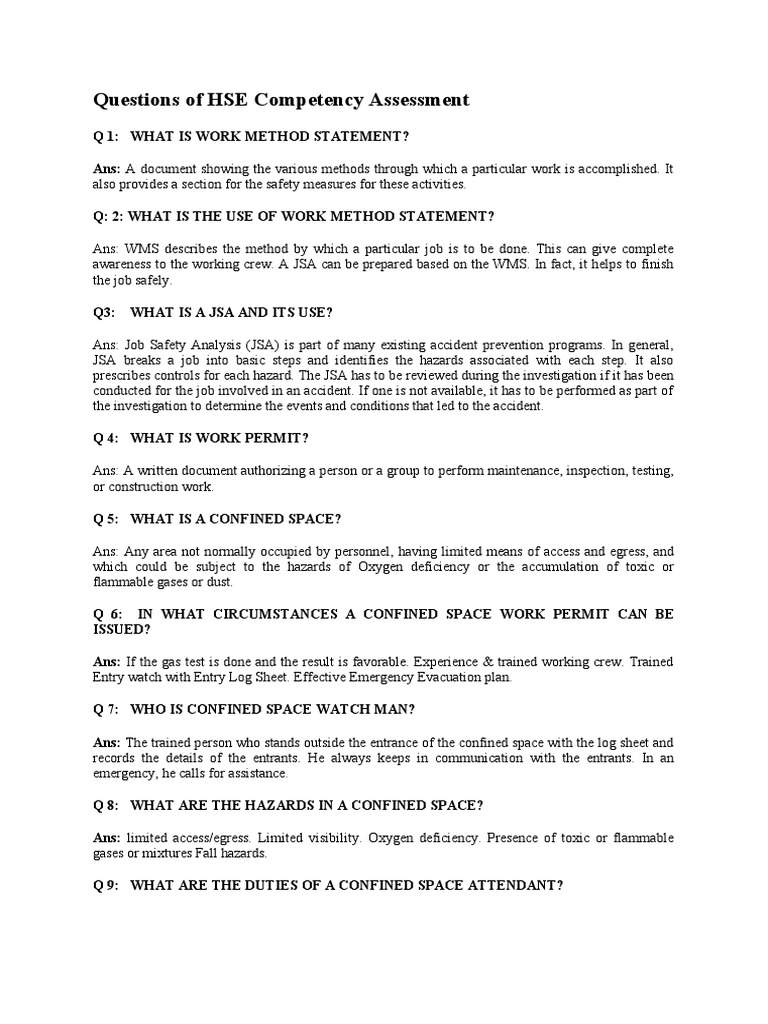 Questions of HSE Competency Assessment PDF Safety Occupational