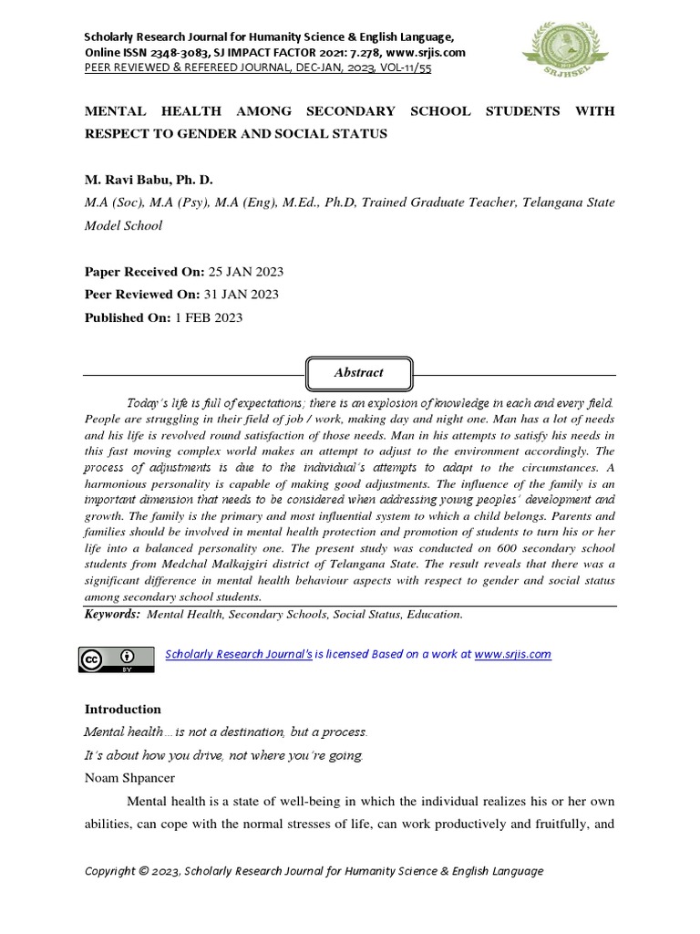 Mental Health Among Secondary School Students With Respect To Gender ...
