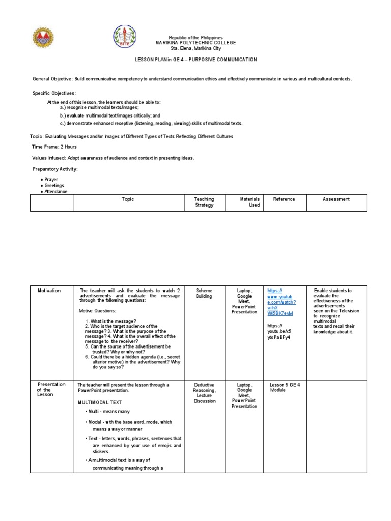 SAMPLE MATRIX Lesson Plan in GE4 Lesson 5 | PDF | Infographics ...
