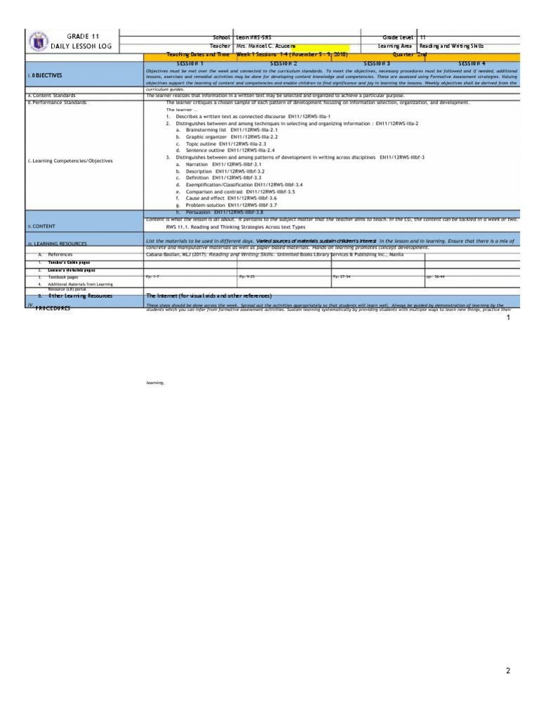 DLL Reading Writing Week 1 | PDF | Learning | Teachers