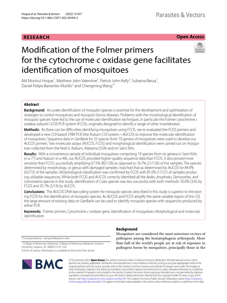 Modification of The Folmer Primers For The Cytochrome C Oxidase Gene