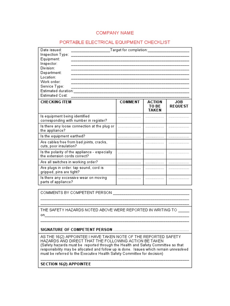 Checklist Portable Electrical Equipment PDF Ac Power Plugs And