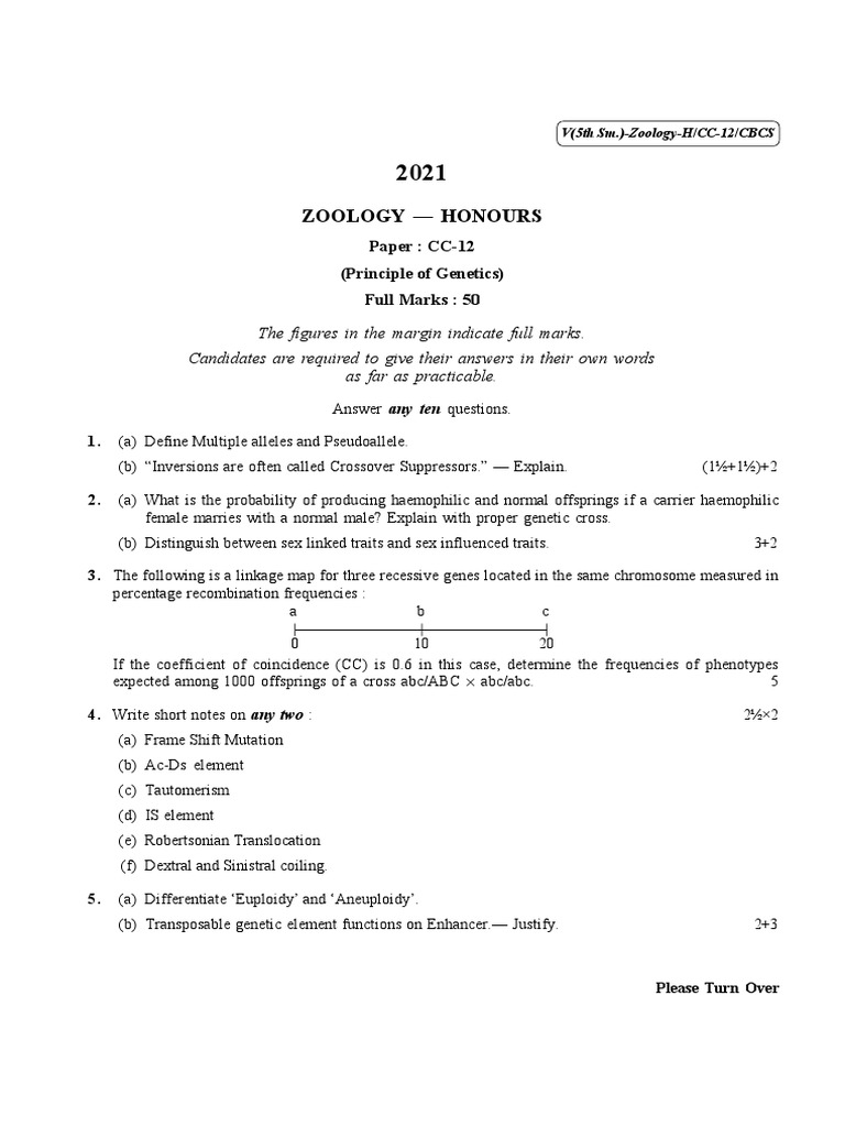 CBCS - BSC - HONS - Sem-5 - ZOOLOGY - CC-12 - PRINCIPLE OF GENETICS ...