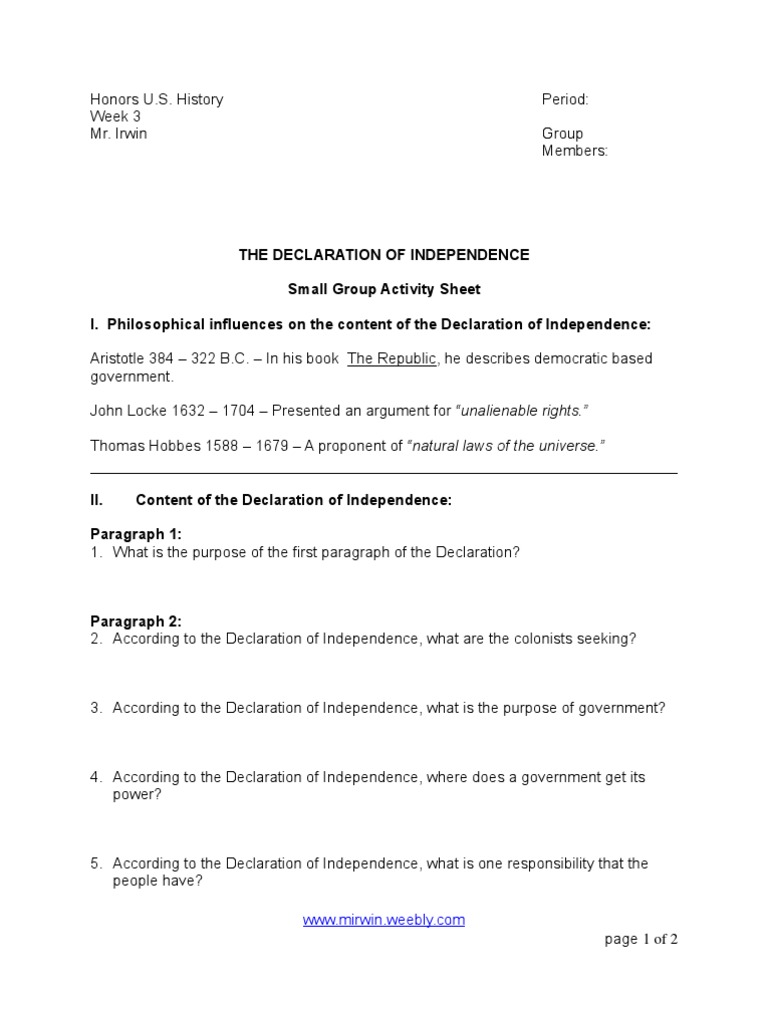 Declaration of Independence Study Guide | PDF