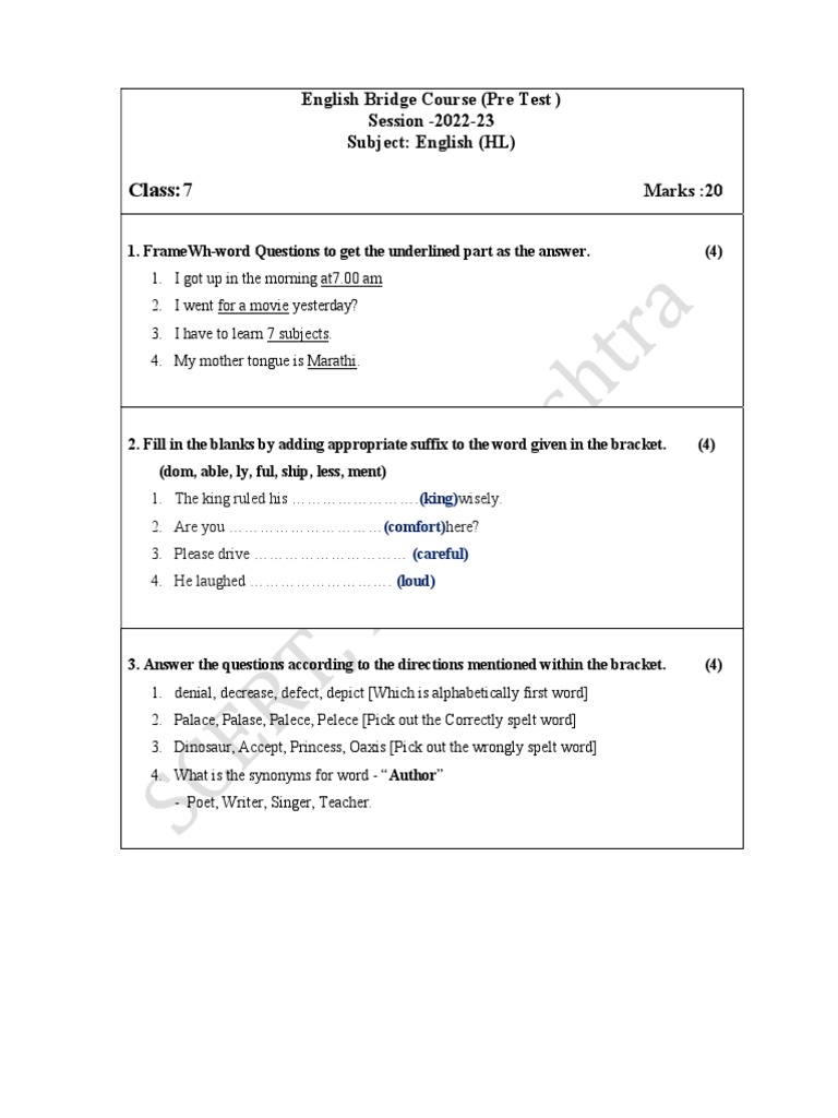 Pretest STD 7 TH English Higher Level Bridge Course PDF