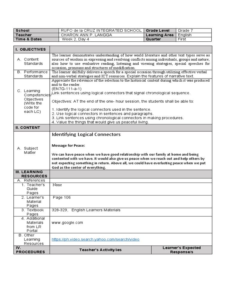Logical Connectors Lesson Plan | PDF | Nest | Cakes