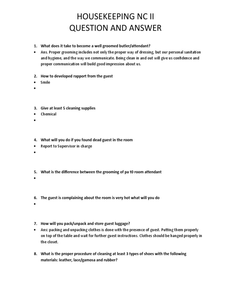 HOUSEKEEPING NC II Question and Answer PDF Laundry Home
