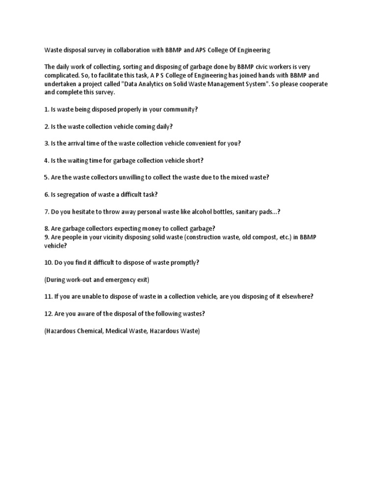 Waste Disposal Survey in Collaboration With BBMP PDF