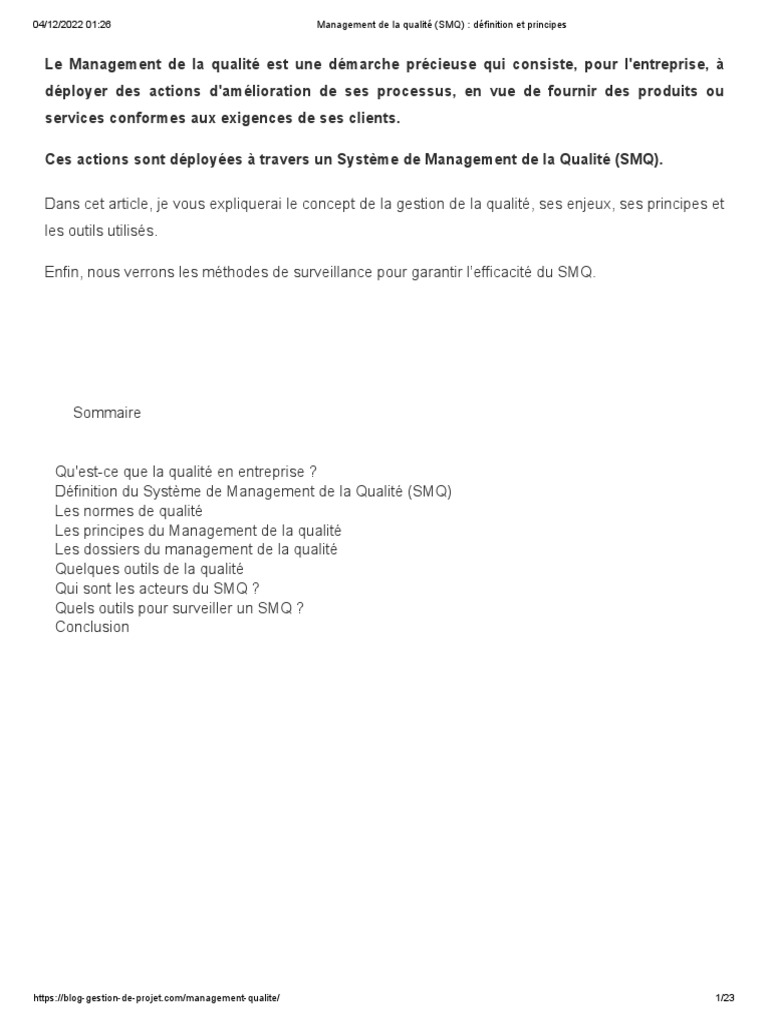 Définition et principes du SMQ | PDF | Système de management de la ...