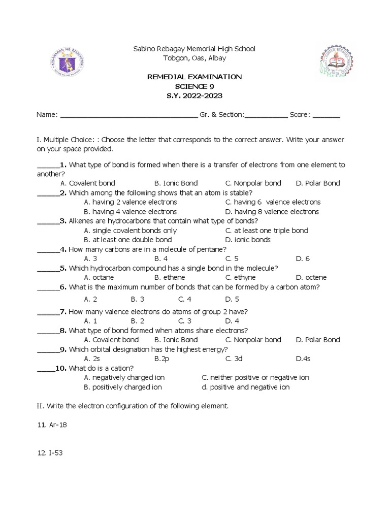 Remedial exam 2022 2023 pdf chemical bond ion